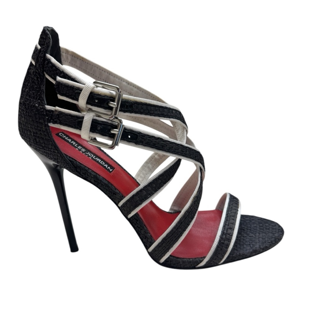 👠EUC CHARLES JOURDAN Paris BLACK WHITE STRAPPY HEELS DOUBLE BUCKLES Womens Sz 8…